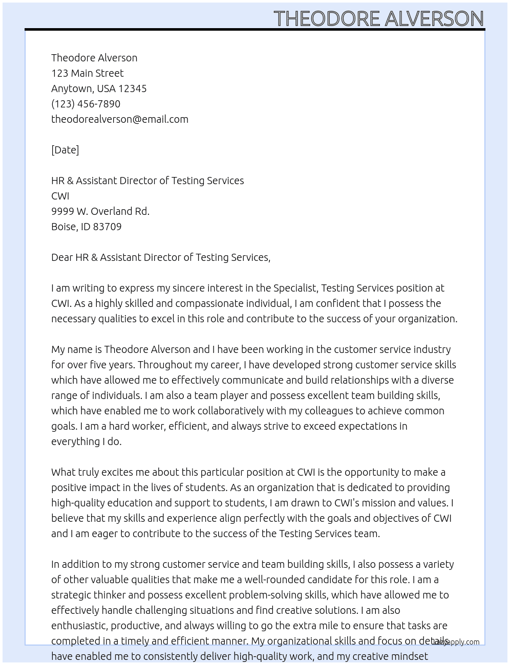 Specialist, Testing Services At CWI Cover Letter