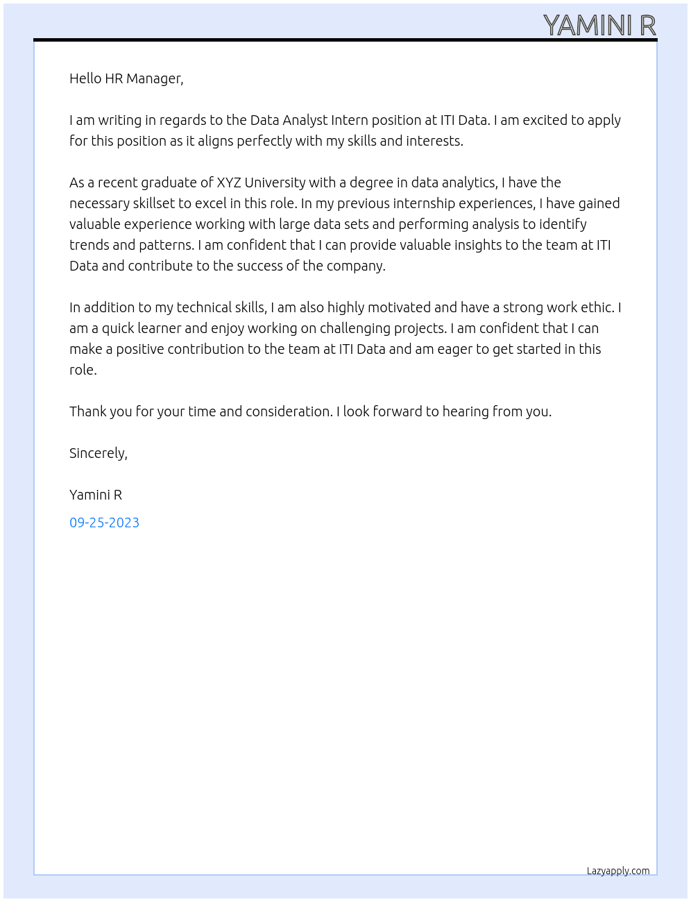 Data analyst intern At ITI Data Cover Letter