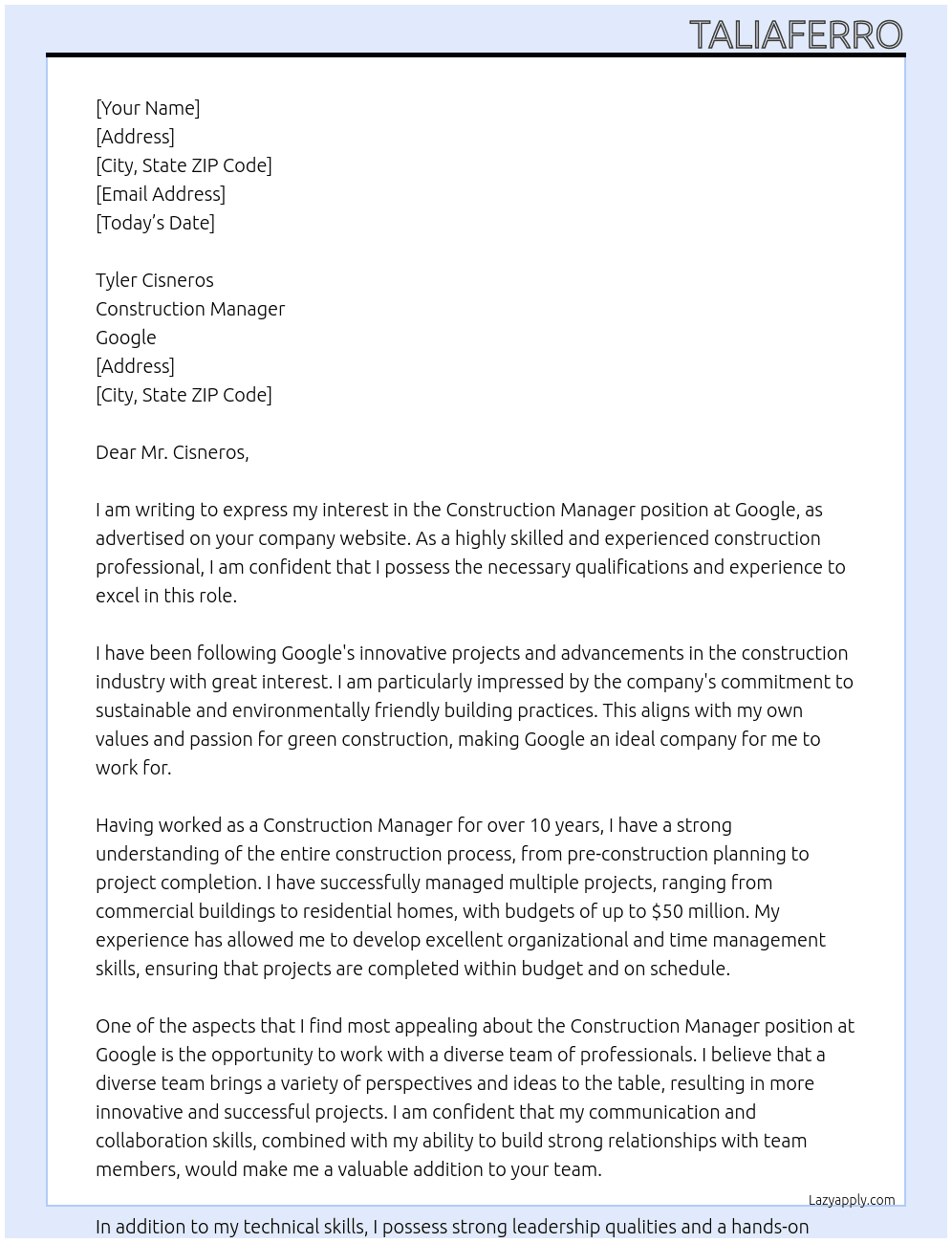 Construction Manager At google Cover Letter