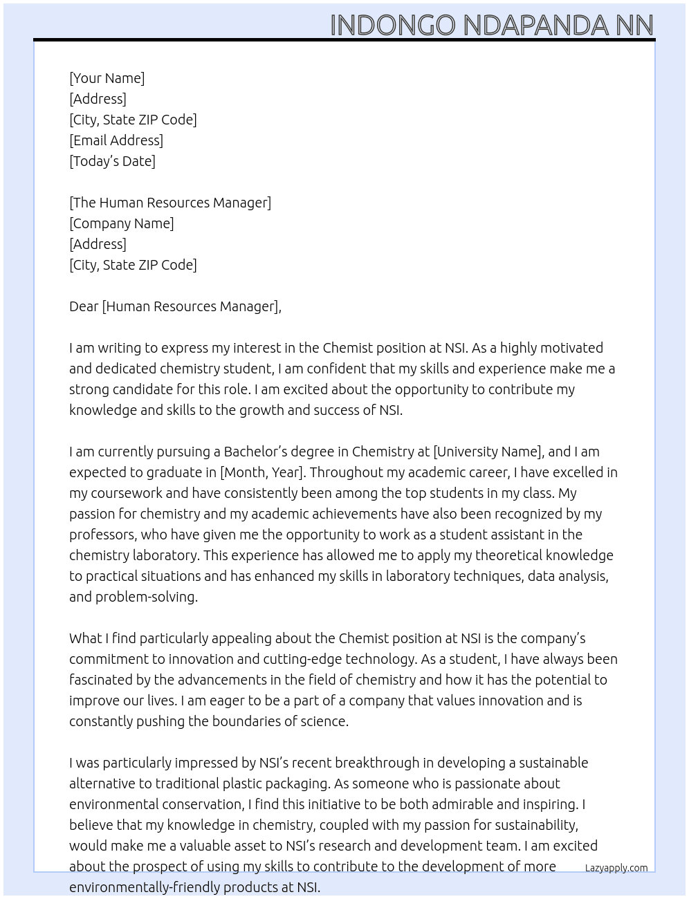 Chemist At NSI Cover Letter