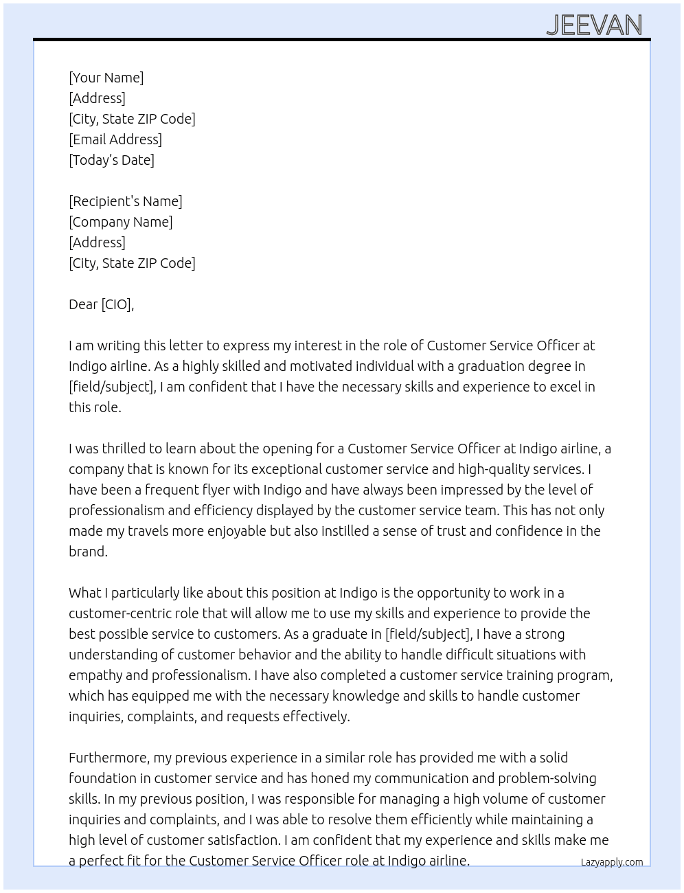 Customer service officer At Indigo airline Cover Letter