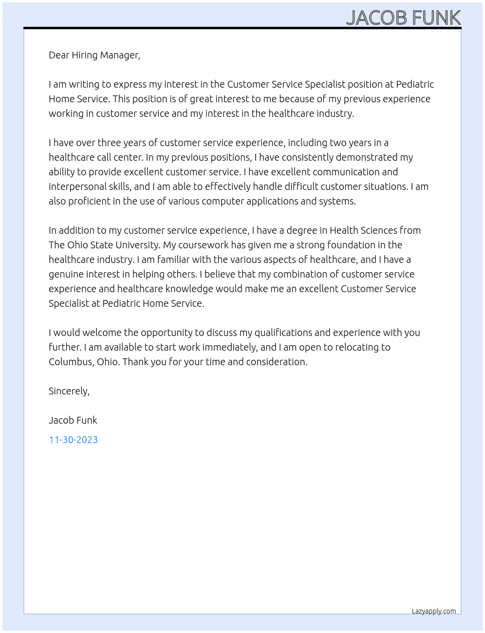 Customer Service Specialist At Pediatric Home Service Cover Letter