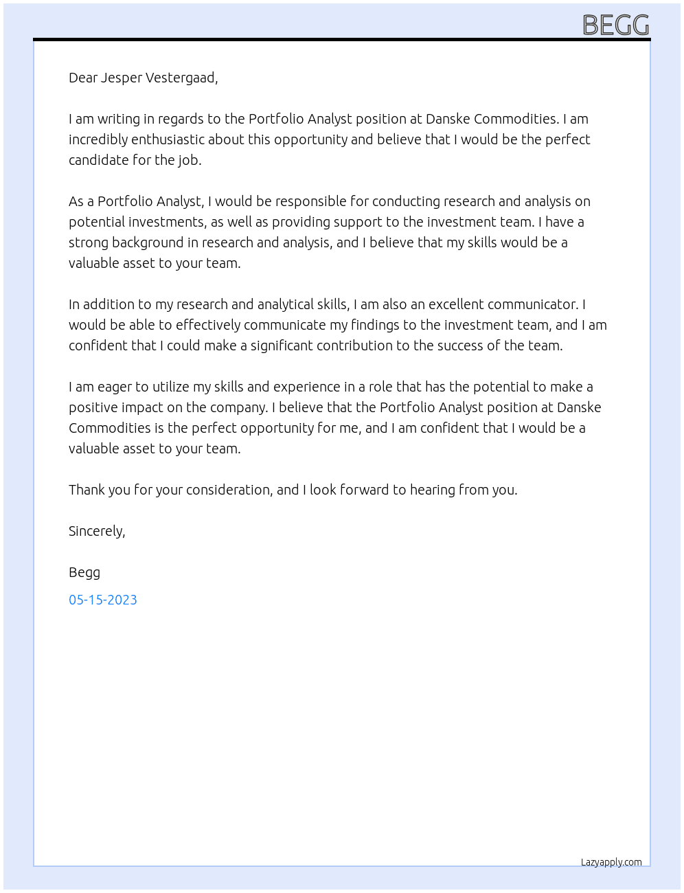 Portfolio Analyst At Danske Commodities Cover Letter
