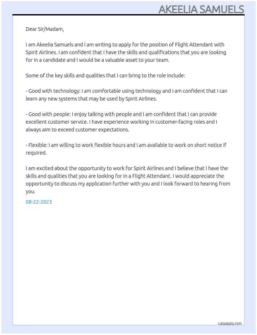 Flight attendants  At Spirit airlines  Cover Letter