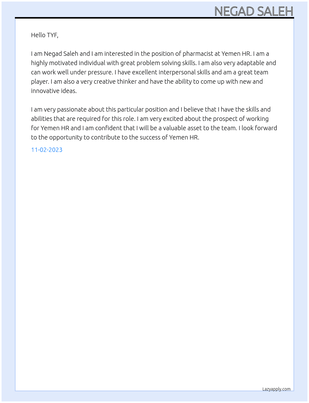 صيدلي At Yemen HR Cover Letter