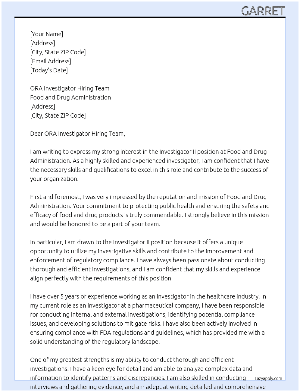  Investigator II At Food and Drug Administration Cover Letter