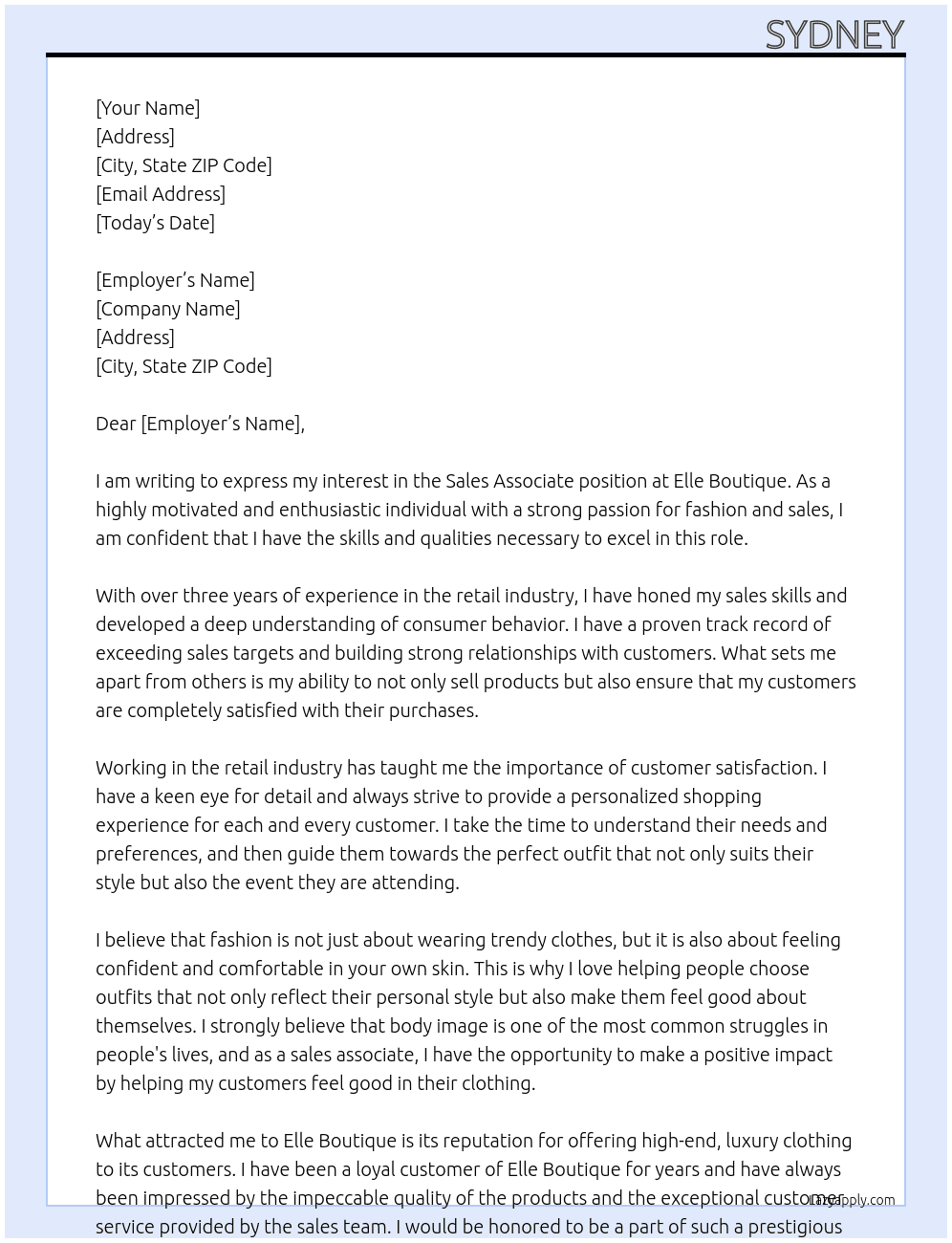 sales associate for high end clothing store At elle boutique Cover Letter