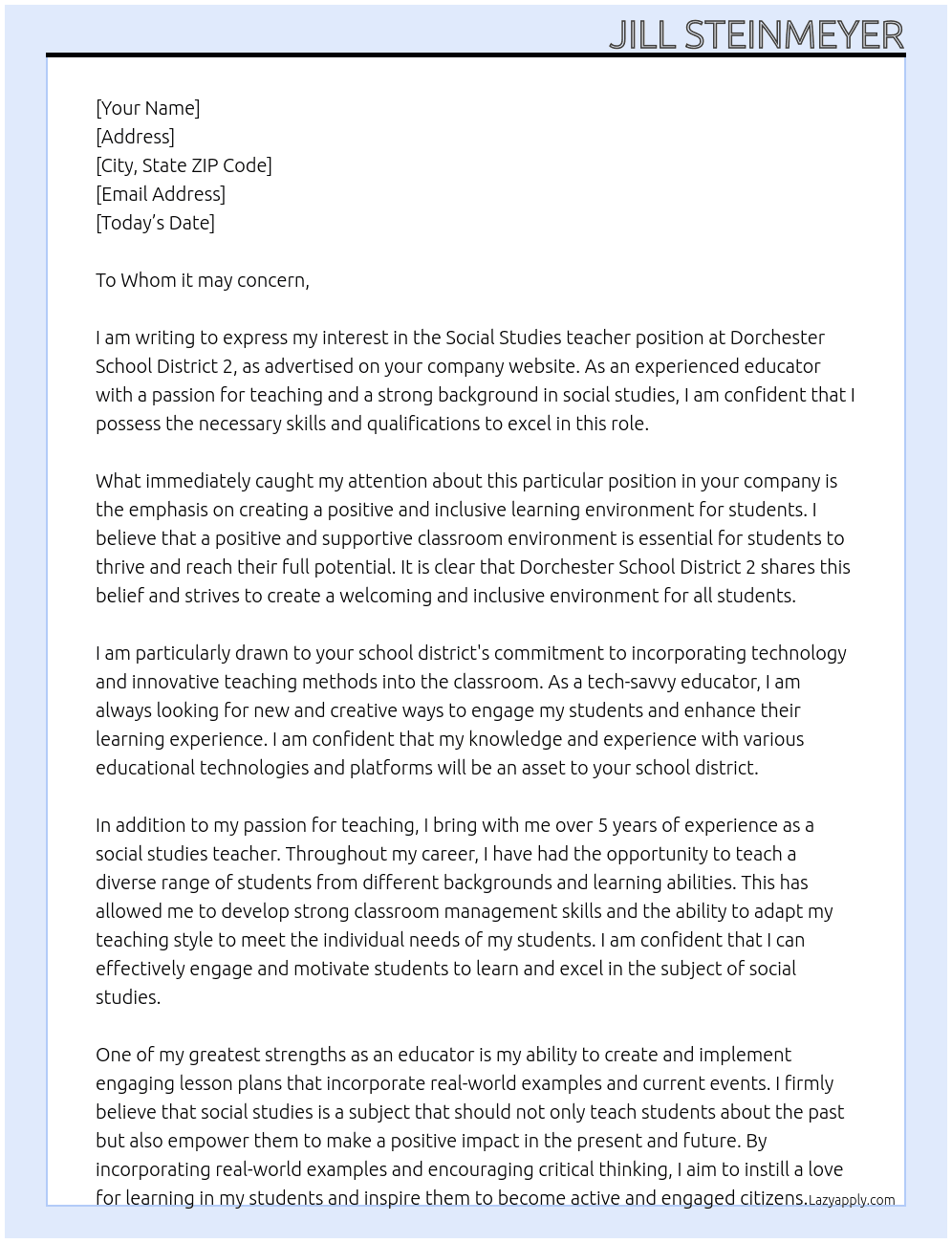 Social Studies teacher At Dorchester School District 2 Cover Letter