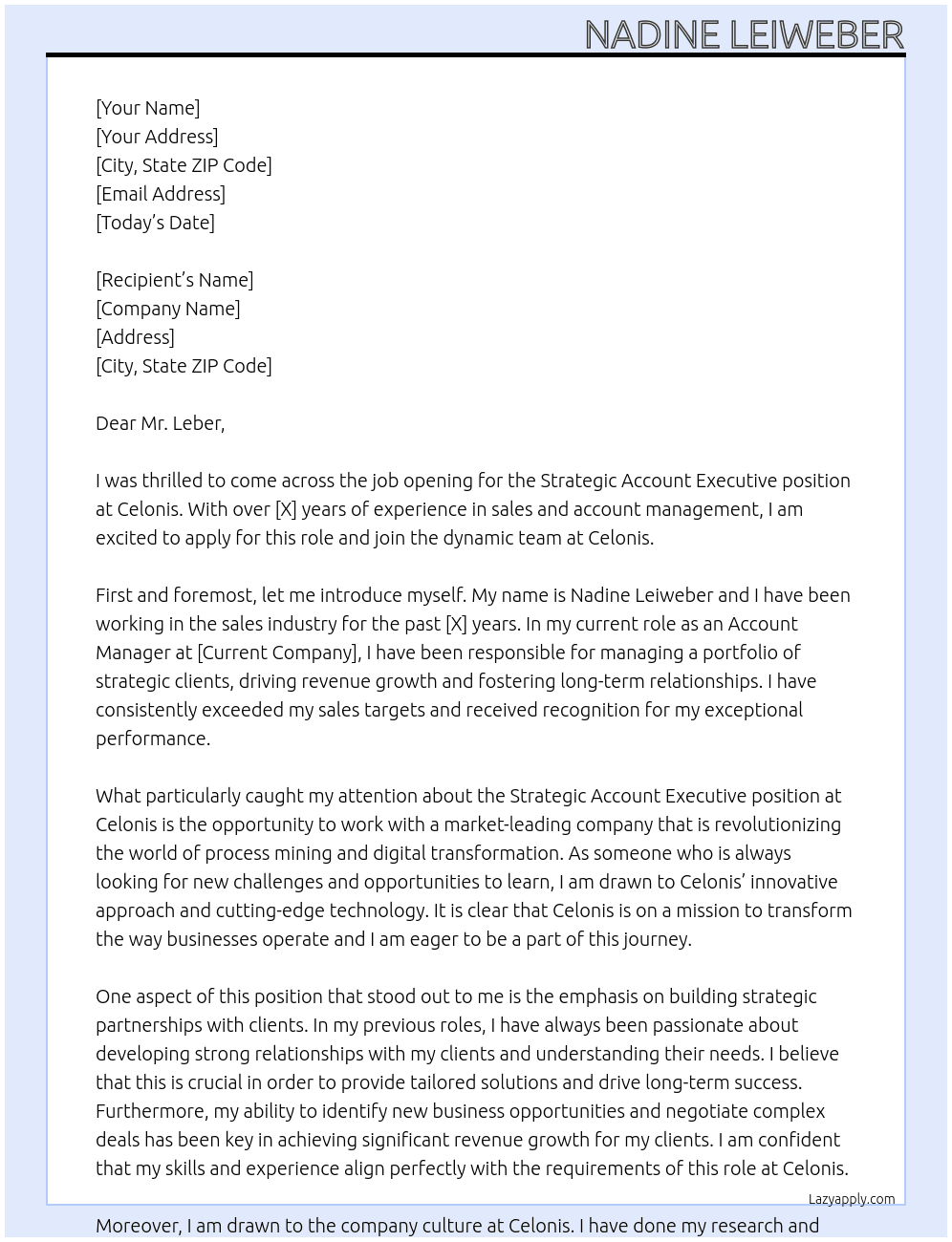 Strategic Account Executive At Celonis Cover Letter