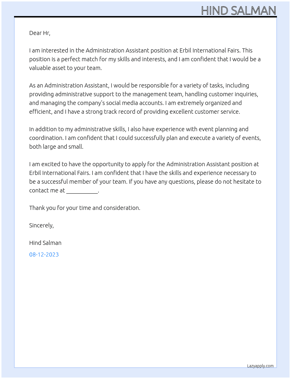 Administration Assistant At Erbil International Fairs  Cover Letter