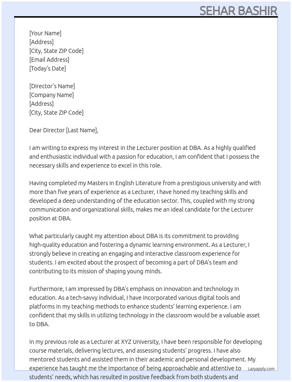 Lecturer At DBA Cover Letter