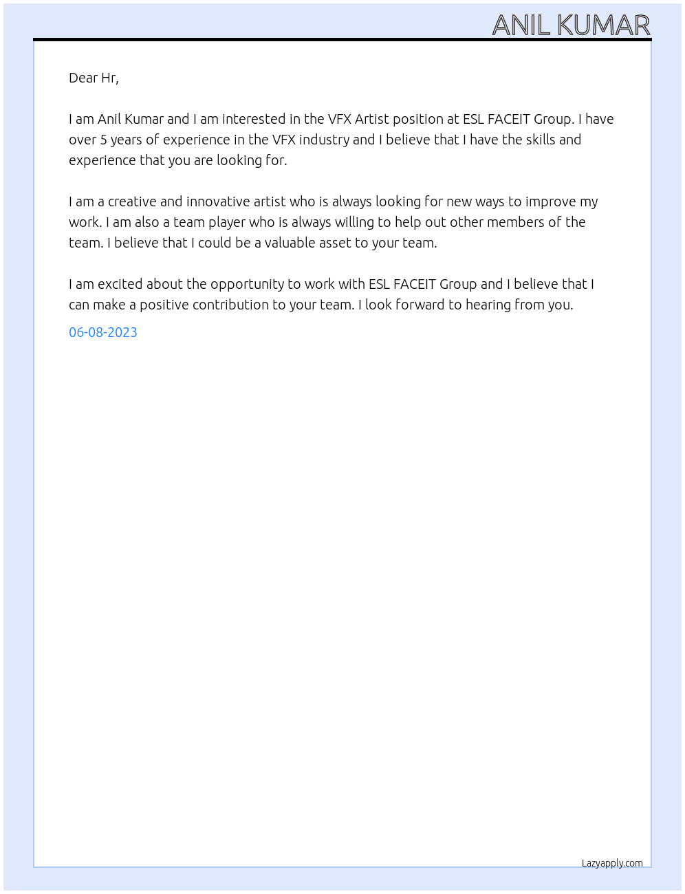 VFX Artist At ESL FACEIT Group Cover Letter