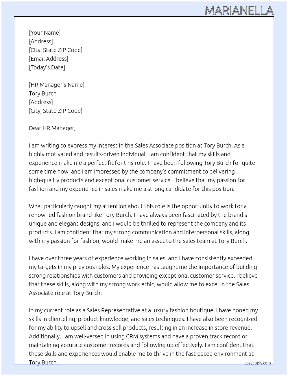 Sales Associate  At Tory Burch Cover Letter