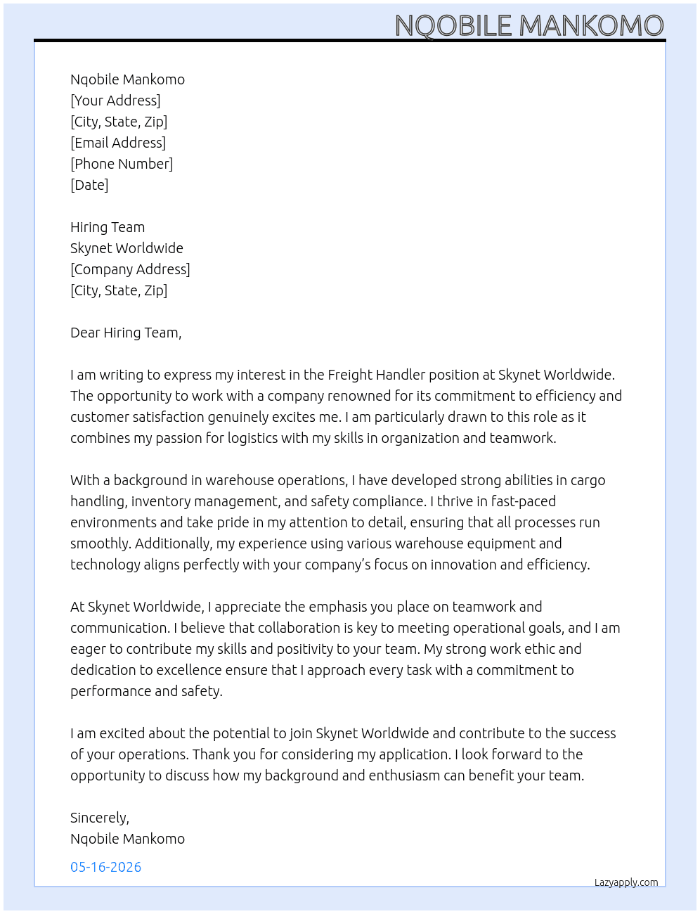 Cover letter for freight handler - LazyApply