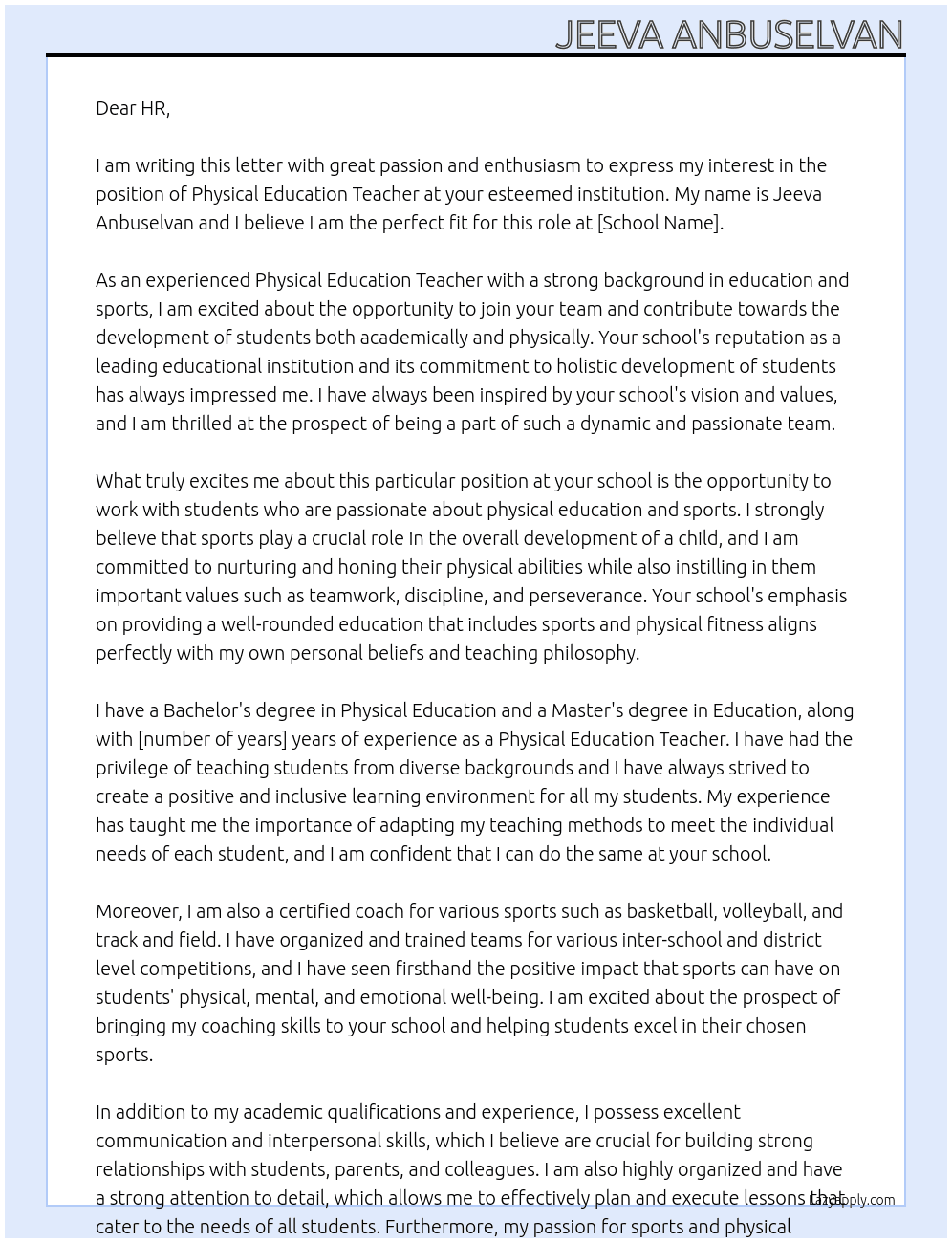Physical Education Teacher At School Cover Letter
