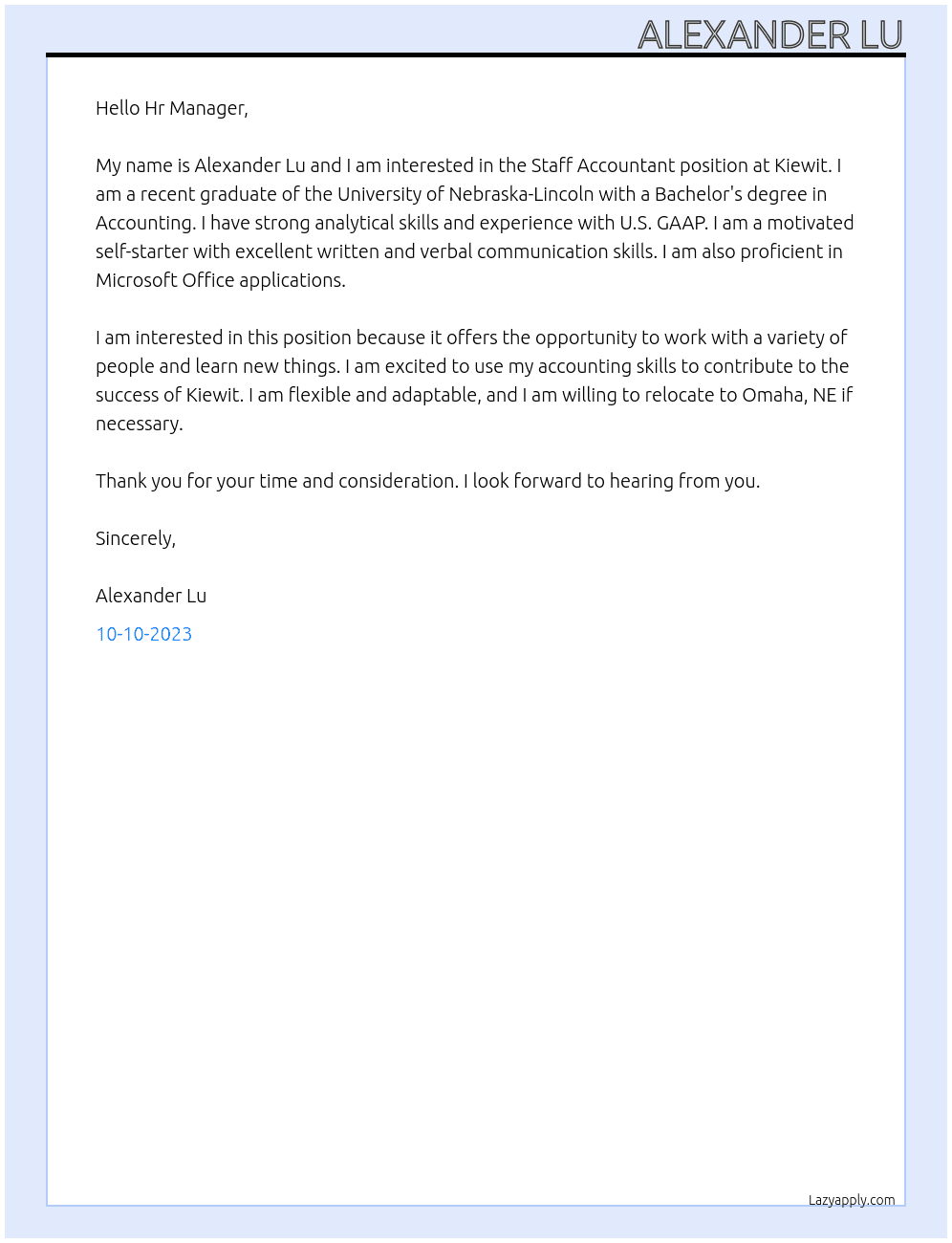 Staff Accountant At Kiewit Cover Letter