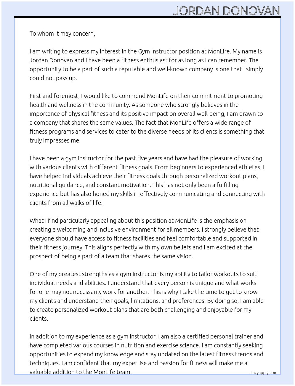 Gym instructor At MonLife Cover Letter