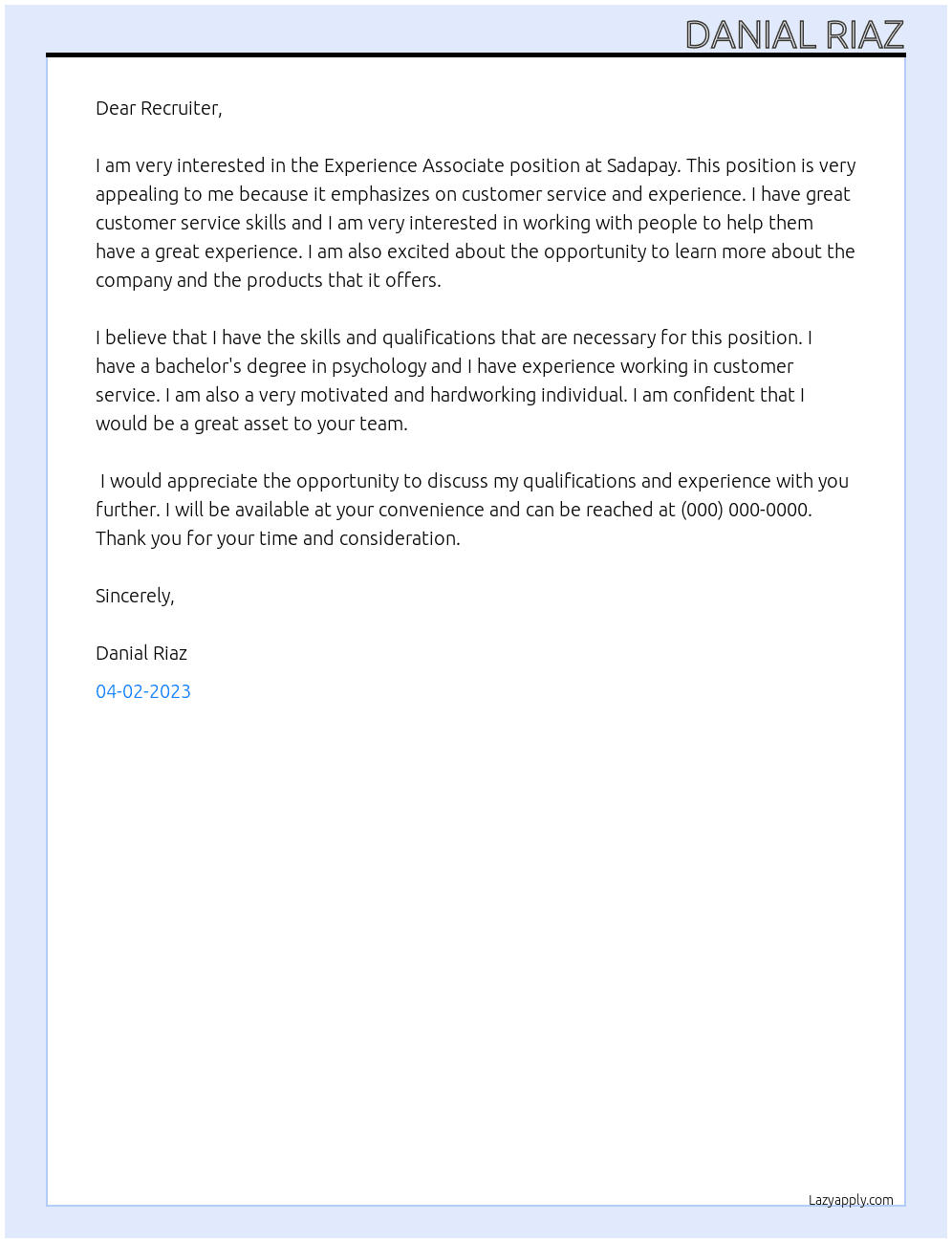 Experience Associate At Sadapay Cover Letter