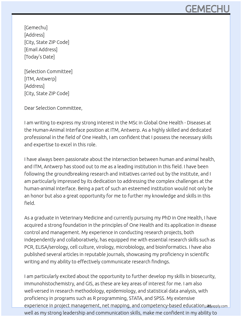 MSc in Global One Health - Diseases at the Human-Animal Interface At ITM, Antwerp Cover Letter