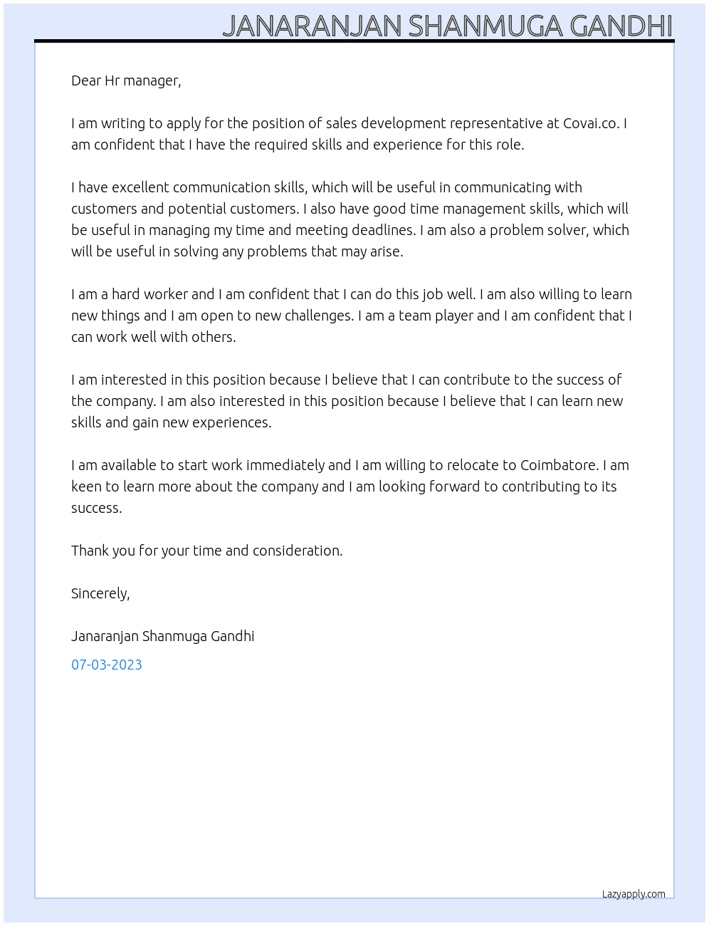 Sales development representative At Covai.co Cover Letter