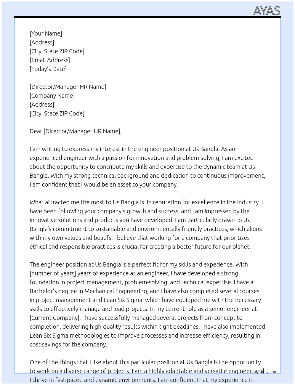 engineer  At Us Bangla Cover Letter