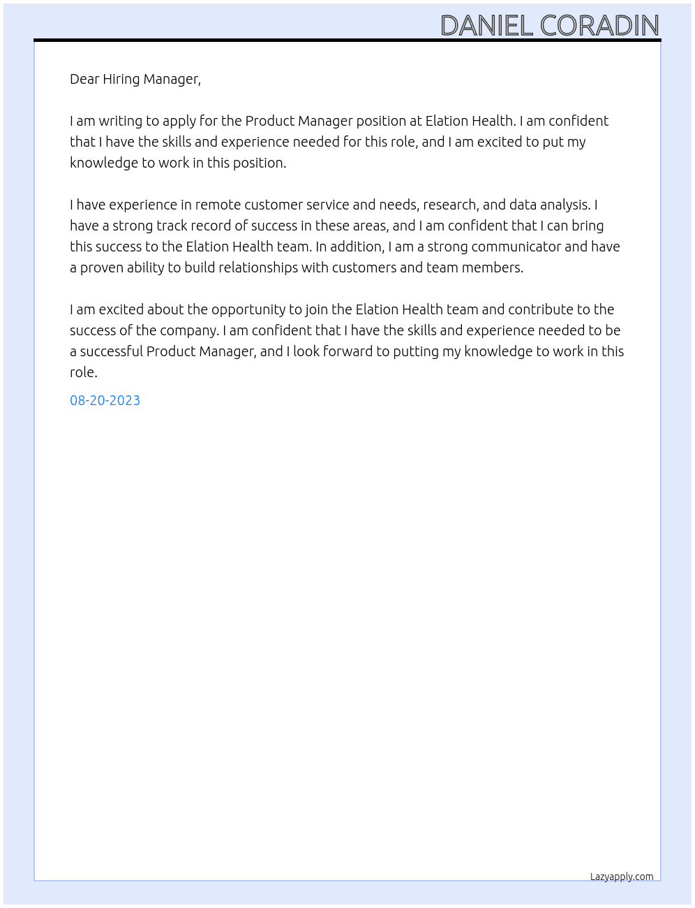 Product Manager At Elation Health Cover Letter