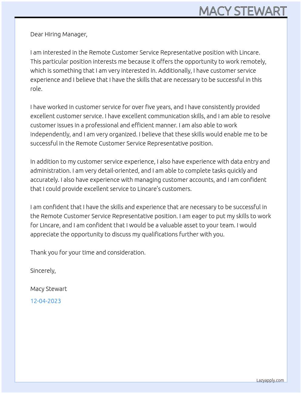 Remote Customer Service Representative At Lincare Cover Letter