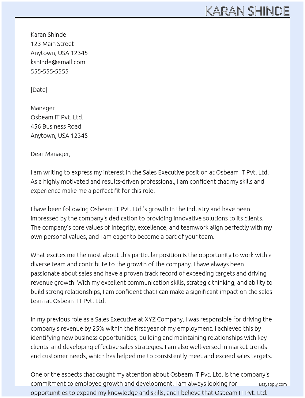 Sales executive  At Osbeam it pvt.ltd  Cover Letter