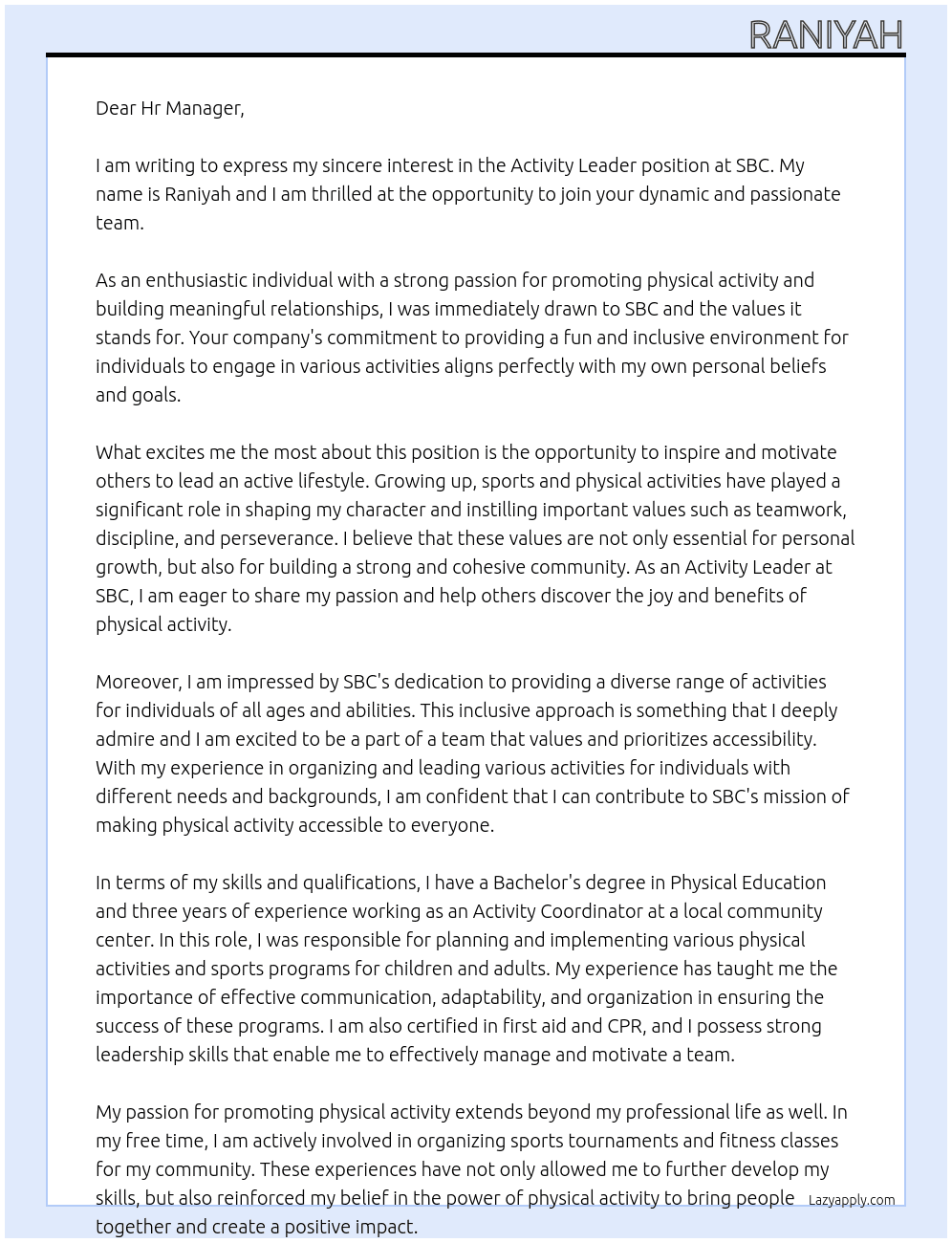 Activity leader At SBC Cover Letter