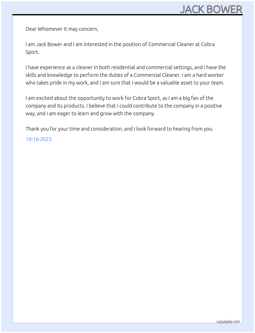 Commercial Cleaner At Cobra Sport Cover Letter