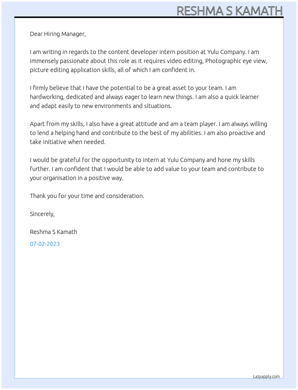 Content developer intern  At Yulu company  Cover Letter