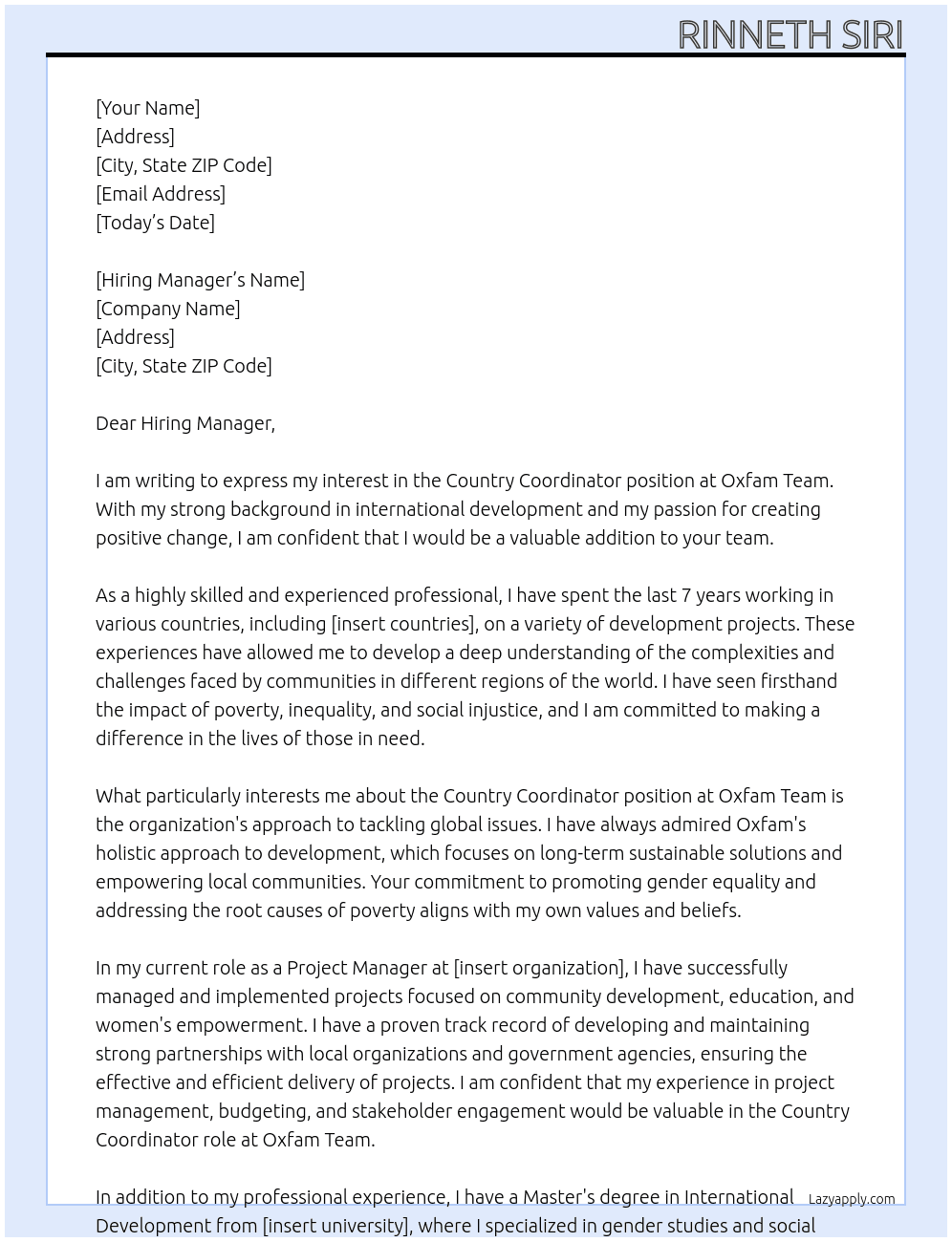 Country Coordinator At Oxfam Team Cover Letter