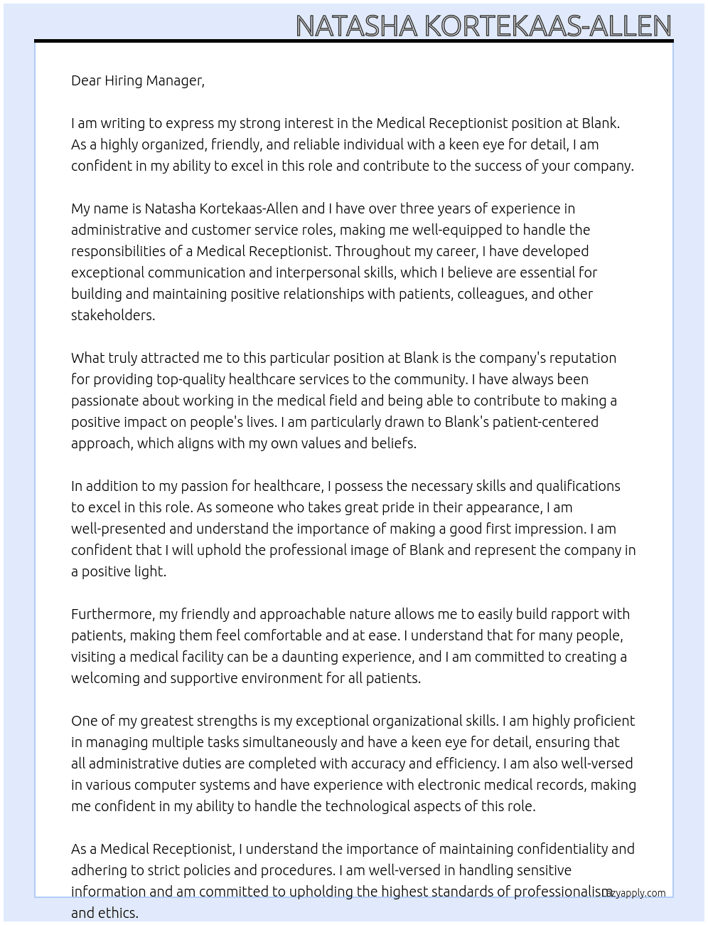 Medical Receptionist At Blank Cover Letter