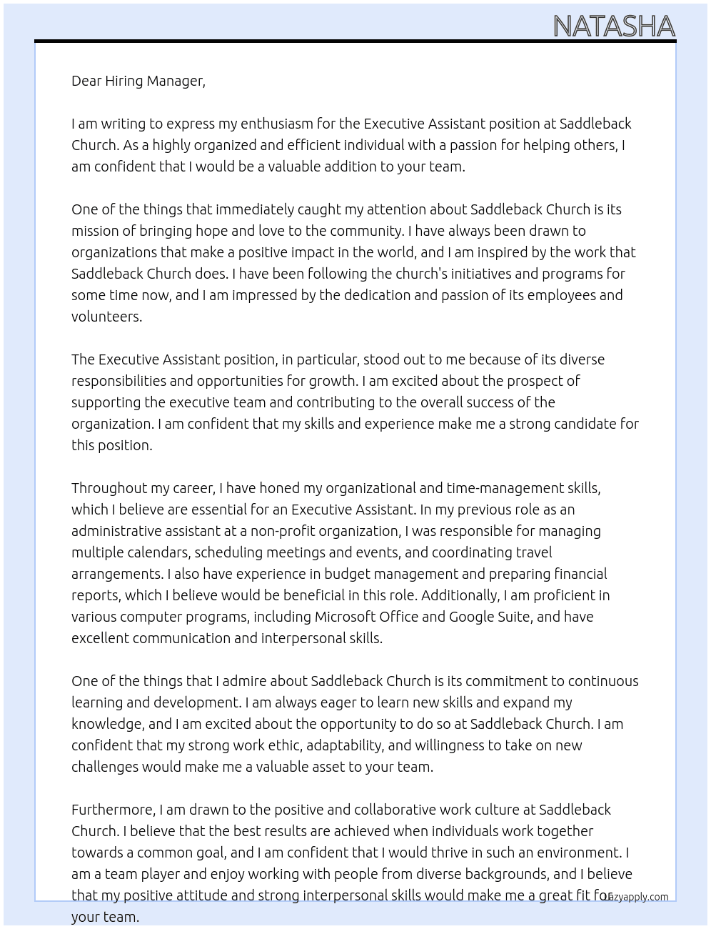 Executive Assistant At Saddleback Church Cover Letter
