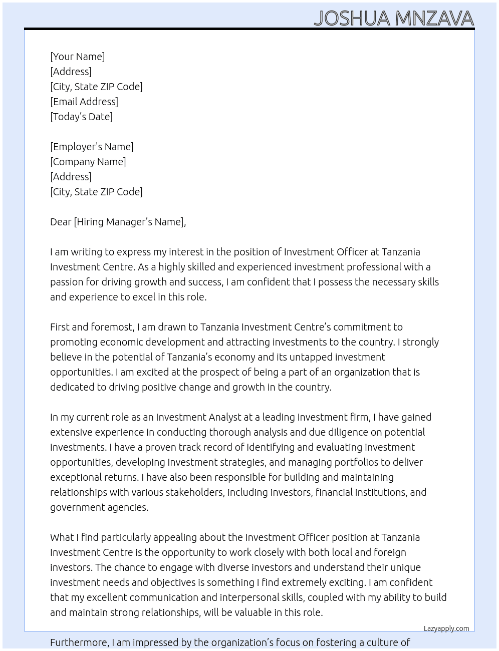 INVESTMENT OFFICER At Tanzania Investment Centre Cover Letter