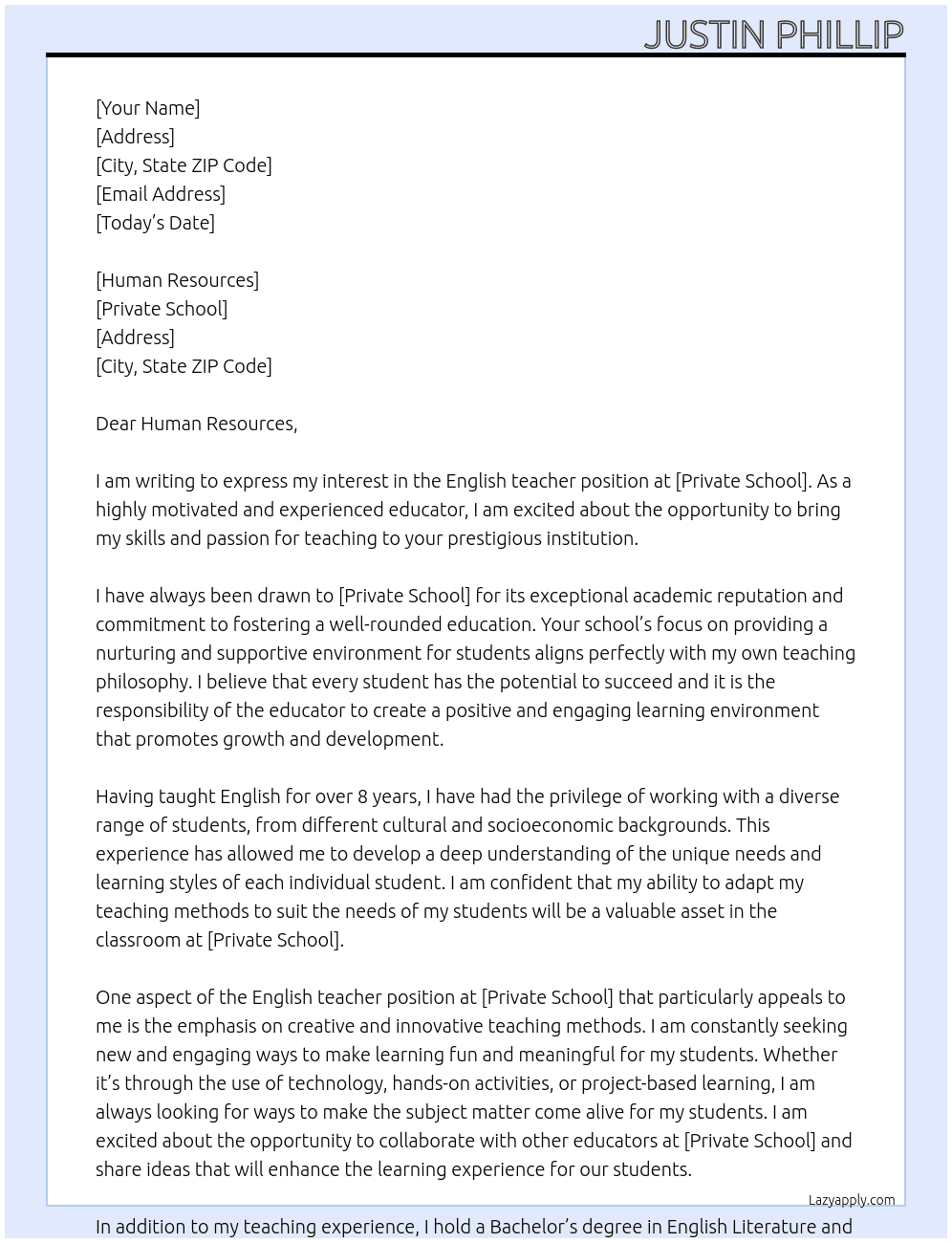English teacher At Private school Cover Letter