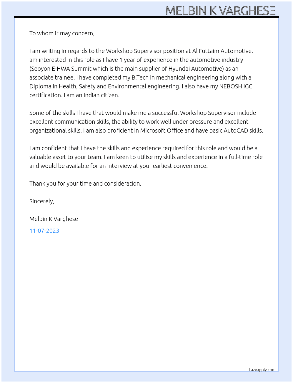 Workshop Supervisor  At Al Futtaim Automotive  Cover Letter