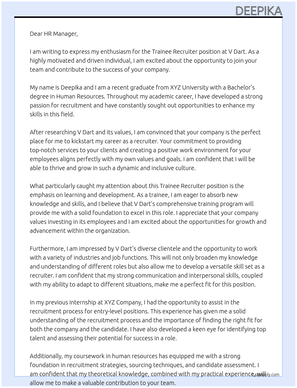 Trainee recruiter  At V Dart Cover Letter