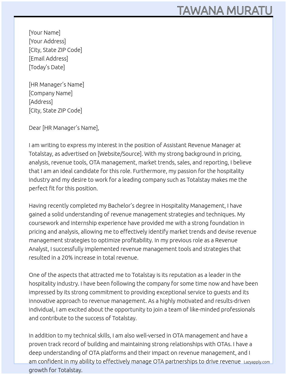 Assistant Revenue Manager  At Totalstay Cover Letter