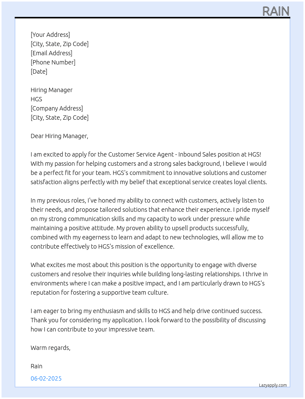 Customer Service Agent - Inbound Sales At HGS Cover Letter