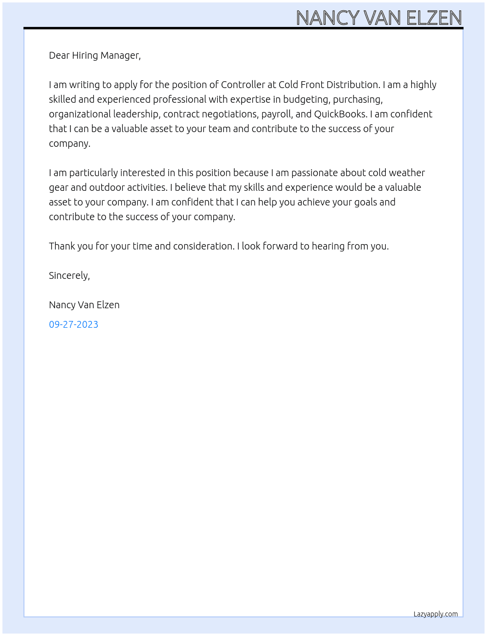 Controller At Cold Front Distribution Cover Letter