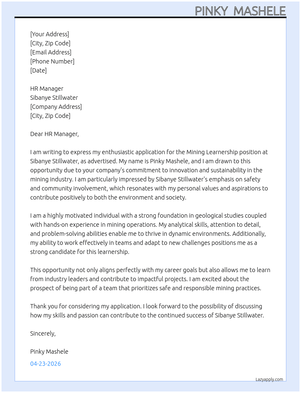 Mining Learnership  At Sibanye Stillwater Cover Letter