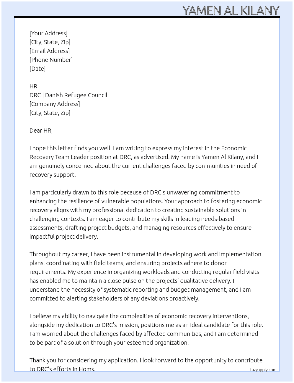 Economic Recovery Team Leader At DRC | Danish Refugee Council Cover Letter