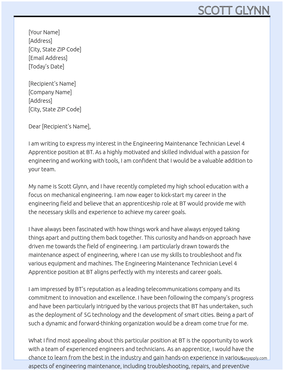 Cover letter for engineering maintenance technician level 4 apprentice - LazyApply