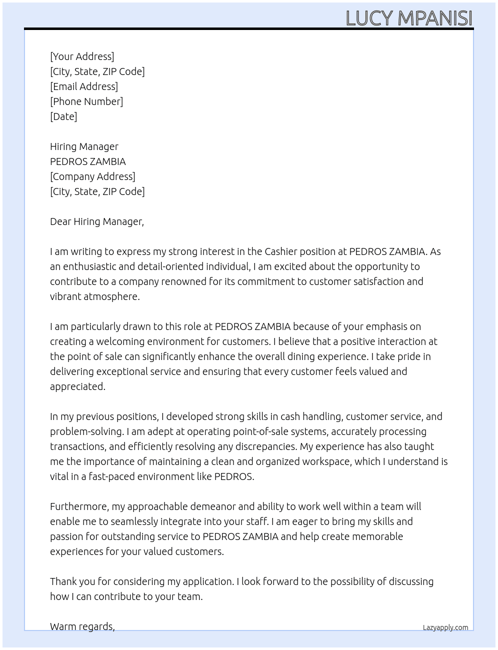 Cashier At PEDROS ZAMBIA Cover Letter