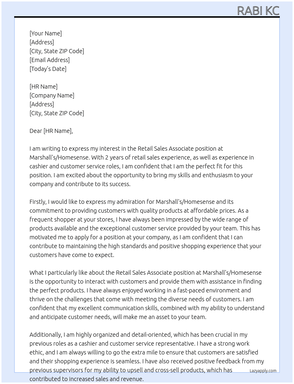 Retail Sales Associates  At Marshall's/Homesense Cover Letter