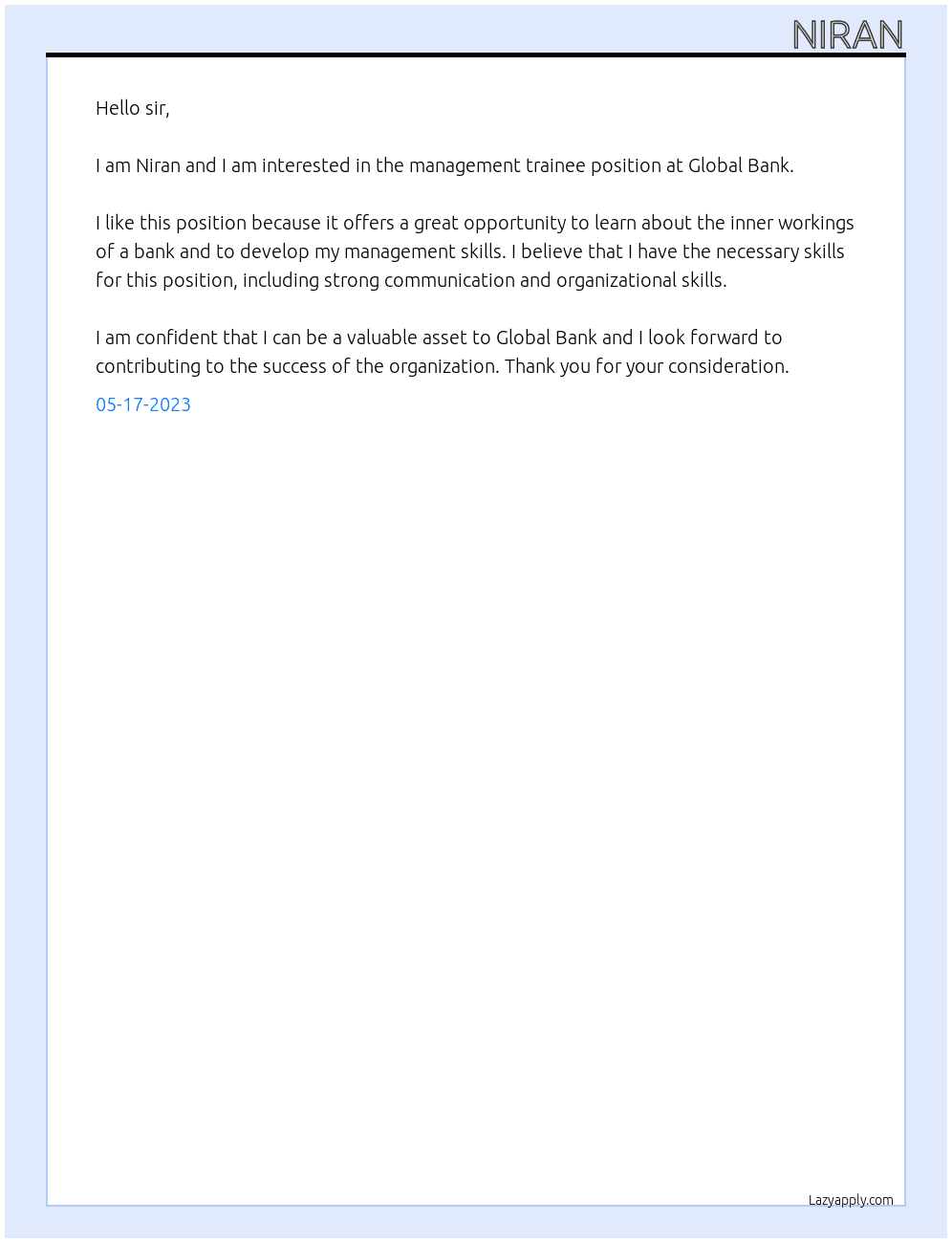Management Trainee At Global Bank Cover Letter