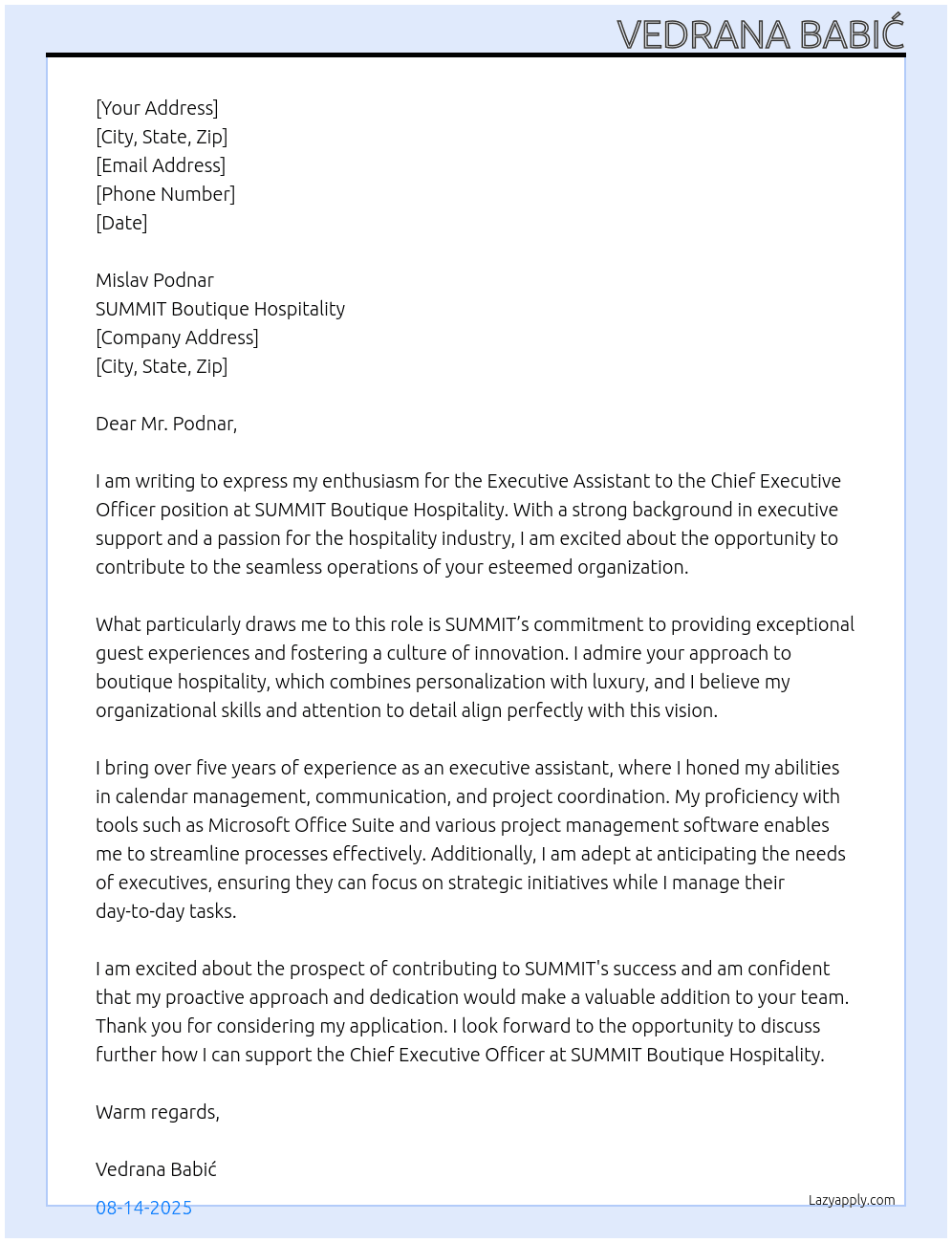 Executive Assistant to Chief Executive Officer At SUMMIT Boutique Hospitality Cover Letter