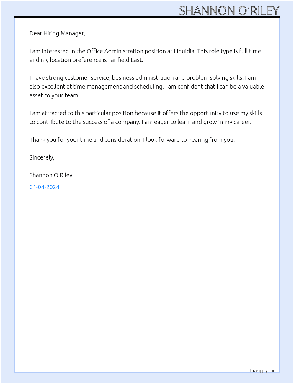 Office Administration At Liquidia Cover Letter