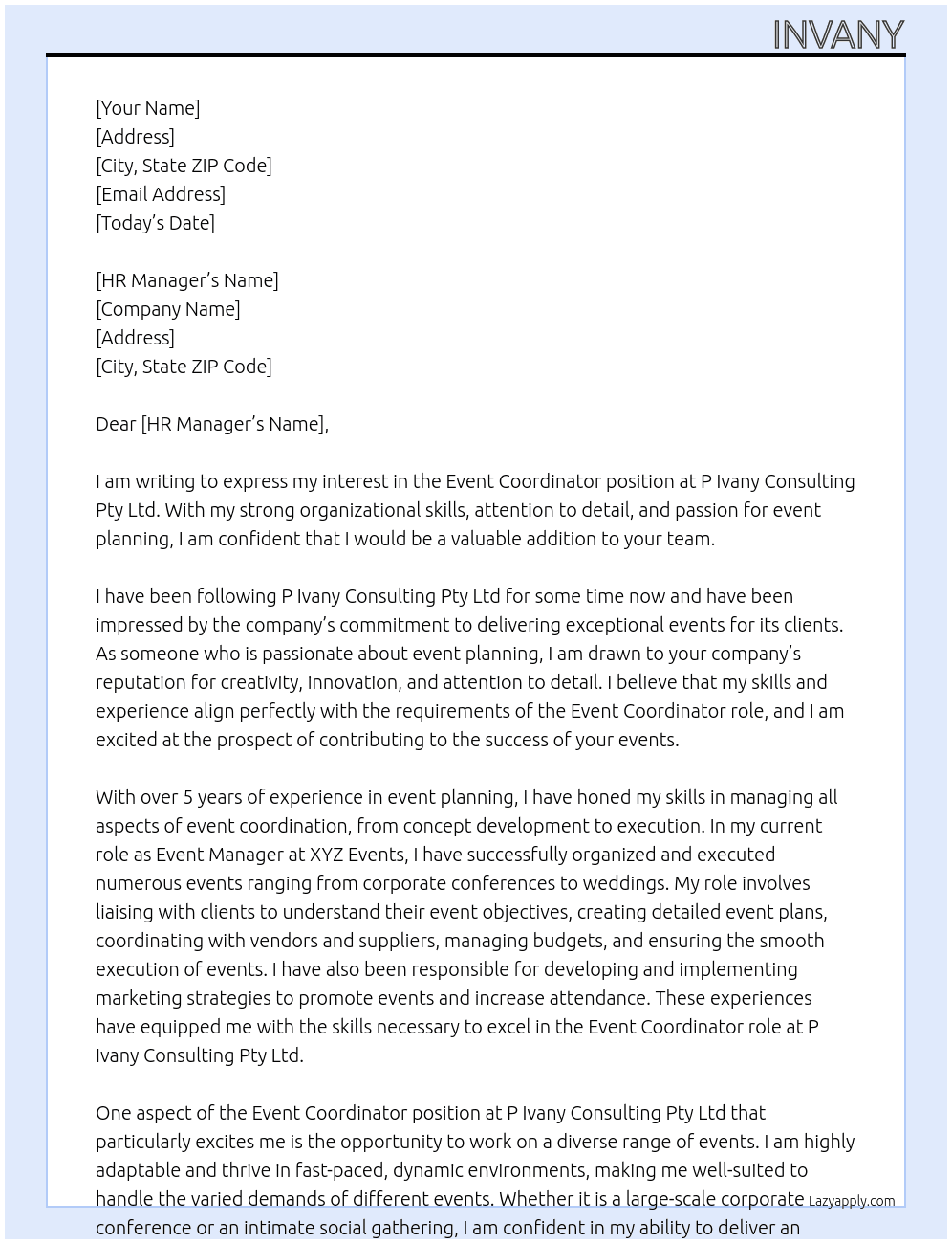 Event Coordinator At P Ivany Consulting Pty Ltd Cover Letter